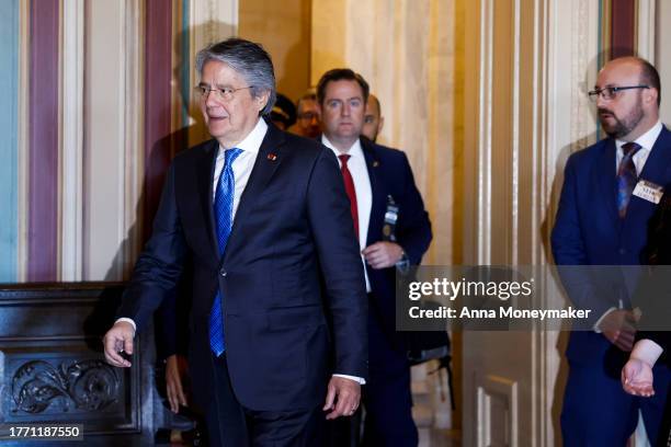 President of Ecuador Guillermo Lasso Mendoza arrives to a Senate Foreign Relations Committee reception at the U.S. Capitol on November 02, 2023 in...