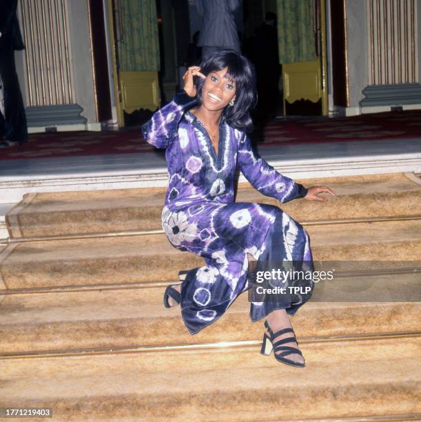 Portrait of American actress Chelsea Brown as she poses outside an unidentified theatre, London, England, September 21, 1972.