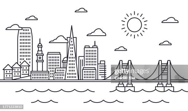 linienzeichnung der skyline von san francisco - san francisco marathon stock-grafiken, -clipart, -cartoons und -symbole