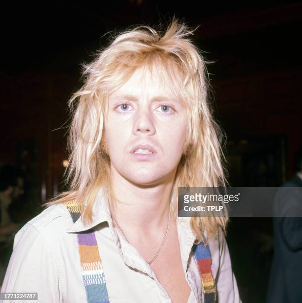Portrait of English Rock & Pop musician Roger Taylor, of the group Queen, at Les Ambassadeurs Club, London, England, September 8, 1976. He was there...