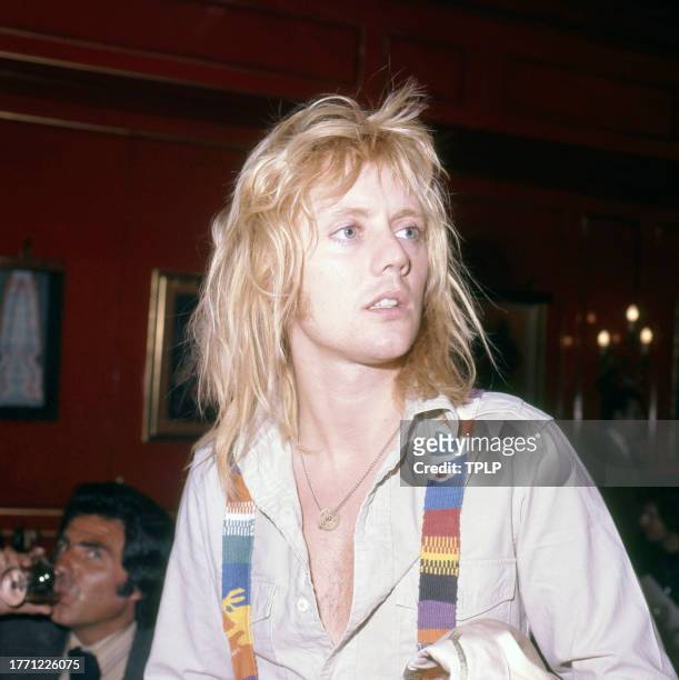 Portrait of English Rock & Pop musician Roger Taylor, of the group Queen, at Les Ambassadeurs Club, London, England, September 8, 1976. He was there...