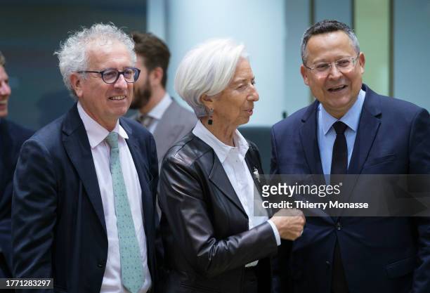 Managing Director of the European Stability Mechanism Pierre Gramegna is talking with President of the European Central Bank Christine Lagarde and...