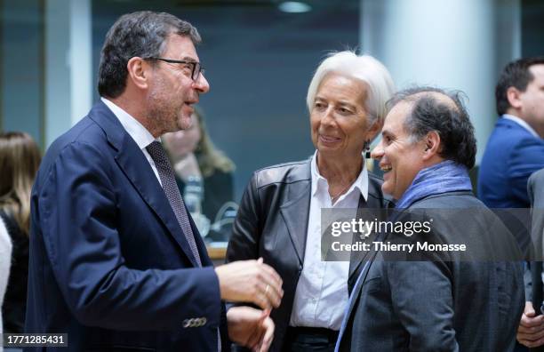 Italian Minister Economy & Finance, member of the League Giancarlo Giorgetti is talking with the President of the European Central Bank Christine...