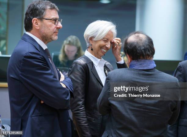 Italian Minister Economy & Finance, member of the League Giancarlo Giorgetti is talking with the President of the European Central Bank Christine...