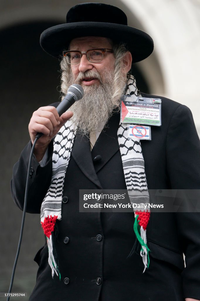 Famous Rabbi Current Anti-Zionist Rabbi Yisroel Dovid Weiss speaks during a protest and ...