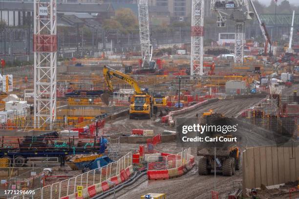 Construction work continues at the Old Oak Common HS2 site on November 8, 2023 in London, United Kingdom. Planned for an early 2030's debut, the UK's...