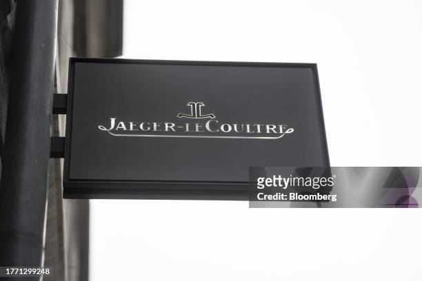 Logo outside a Jaeger-LeCoultre SA luxury watch store in Geneva, Switzerland, on Tuesday, Nov. 7, 2023. The Swiss franc has gained about 3% against...