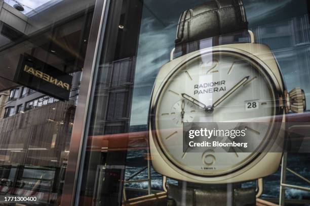 The window display of a Panerai luxury watch store in Geneva, Switzerland, on Tuesday, Nov. 7, 2023. The Swiss franc has gained about 3% against both...