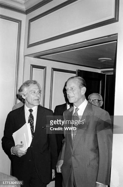Sam Wanamaker and Prince Philip, Duke of Edinburgh, attend an event, presented by Shakespeare's Globe Foundation , at the Beverly Wilshire Hotel in...