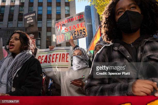City University of New York students and other supporters of Palestine hold a rally in front of the Chancellor's office in midtown Manhattan on...