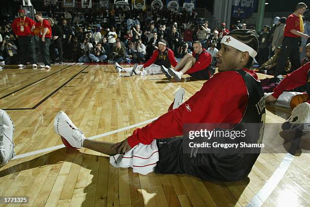 Allen Iverson loosens up during the All-Star practice session on February 8, 2003 at the Georgia World Congress Center in Atlanta, Georgia. NOTE TO...