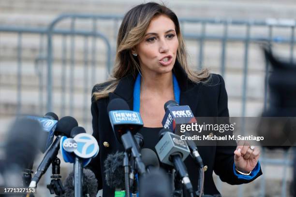 Alina Habba, attorney for former President Donald Trump, gives a statement to members of the media during his civil fraud trial at New York State...