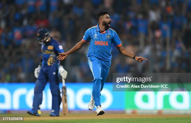 Mohammed Siraj of India celebrates the wicket of Sadeera Samarawickrama of Sri Lanka during the ICC Men's Cricket World Cup India 2023 between India...