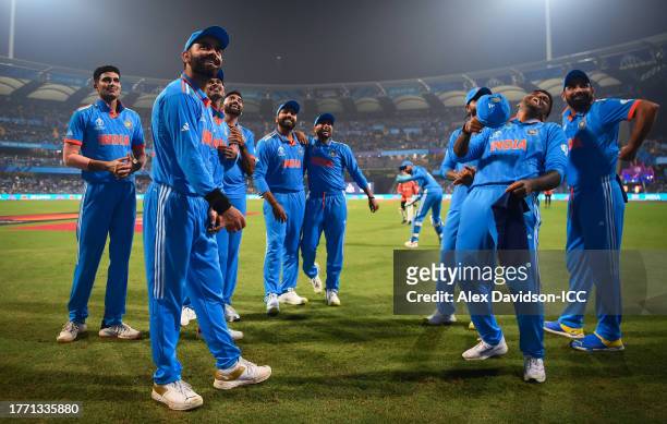 Players of India look on ahead of fielding during the ICC Men's Cricket World Cup India 2023 between India and Sri Lanka at Wankhede Stadium on...