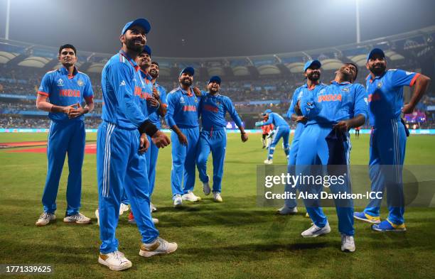 India wait to take to the field during the ICC Men's Cricket World Cup India 2023 match between India and Sri Lanka at Wankhede Stadium on November...