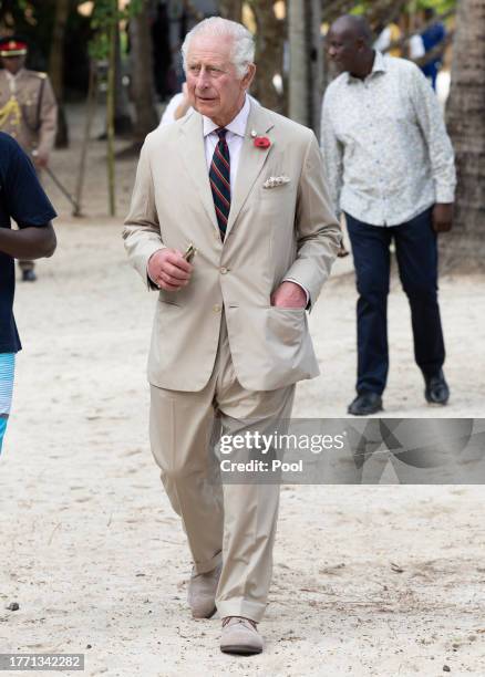 King Charles III during a visit to the Kuruwitu Marine Conservation Reserve as part of his state visit to Kenya, on November 2, 2023 in Mombasa,...