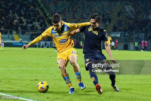 Matias Soule' of Frosinone Calcio and Matteo Cancellieri of Empoli FC during the Serie A Tim match between Frosinone Calcio and Empoli Calcio at...