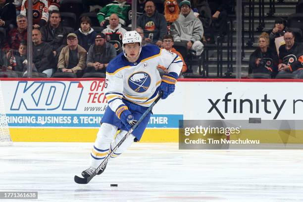 Erik Johnson of the Buffalo Sabres skates with the puck against the Philadelphia Flyers at the Wells Fargo Center on November 01, 2023 in...