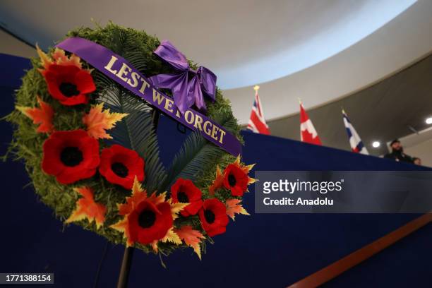 Wreath which reads 'Lest We Forget' is seen at Toronto City Hall during the plaque unveiling ceremony to commemorate National Indigenous Veterans Day...