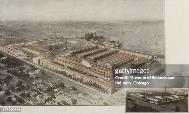 Builders Of Power - Color illustration of a aerial view of the Allis-Chalmers Monarch Tractor factory, showing the entire exterior and surroundings...