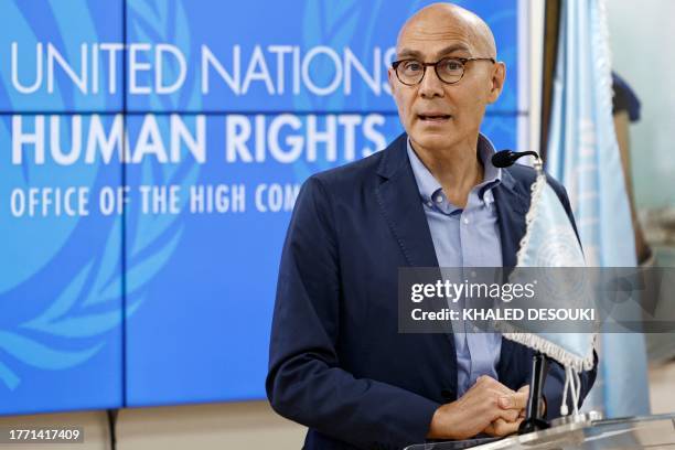 High Commissioner for Human Rights Volker Turk speaks during a press conference in Cairo on November 8 following a visit to Rafah border crossing...