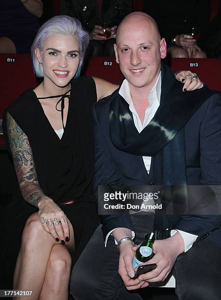 Ruby Rose and Michael Lo Sordo watch the MBFWA Trends show during Mercedes-Benz Fashion Festival Sydney 2013 at Sydney Town Hall on August 21, 2013...