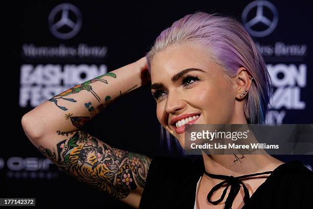 Ruby Rose arrives at the MBFWA Trends show during Mercedes-Benz Fashion Festival Sydney 2013 at Sydney Town Hall on August 21, 2013 in Sydney,...