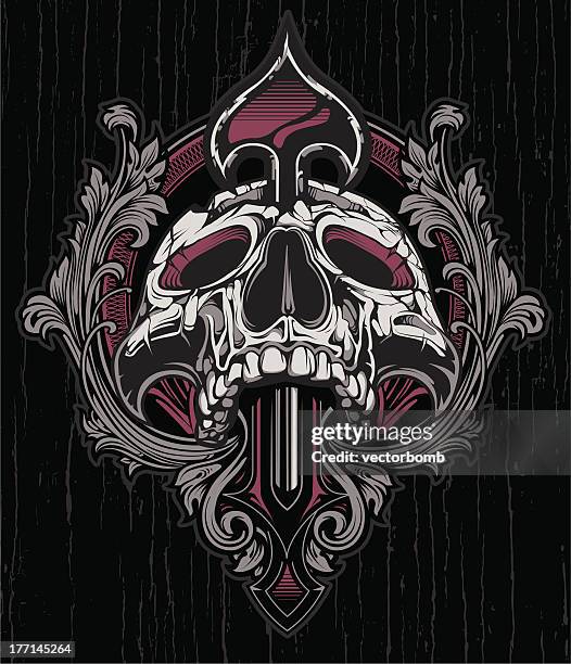 skull slain by spear crest - flat tire stock illustrations