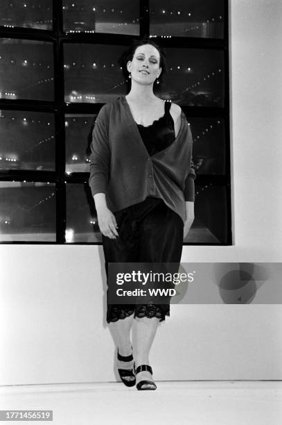 Model walks the runway in looks from Lane Bryant's promotional fashion show at the Puck Building in New York City on June 18,1997.