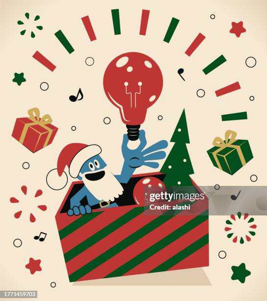 stockillustraties, clipart, cartoons en iconen met happy blue santa claus pops out of the big gift box to bless everyone and share fun and creative christmas gift ideas - results show