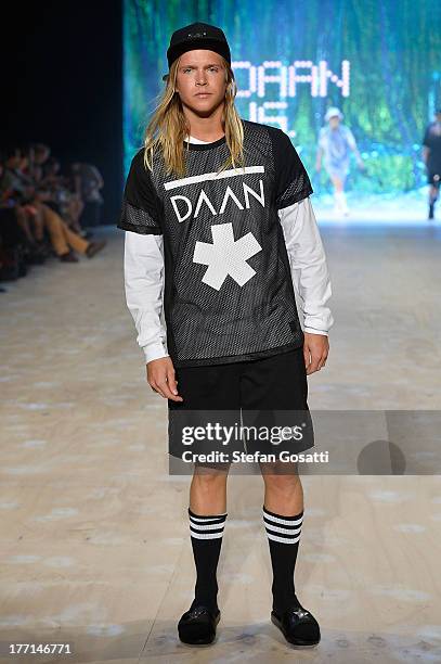 Model showcases designs by General Pants Co. On the runway at the General Pants show during Mercedes-Benz Fashion Festival Sydney 2013 at Sydney Town...