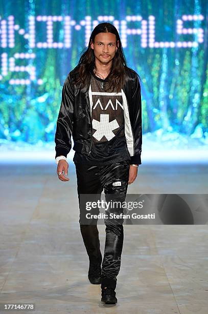 Model showcases designs by General Pants Co. On the runway at the General Pants show during Mercedes-Benz Fashion Festival Sydney 2013 at Sydney Town...