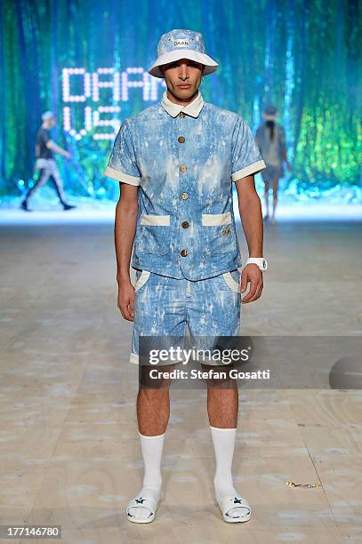 Model showcases designs by General Pants Co. On the runway at the General Pants show during Mercedes-Benz Fashion Festival Sydney 2013 at Sydney Town...