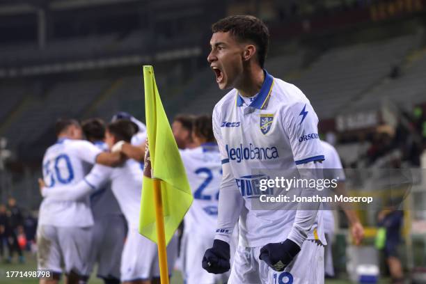 Matias Soule of Frosinone Calcio celebrates after team mate Jesus Carvalho Reinier scored to give the side a 2-1 lead during the Coppa Italia Round...