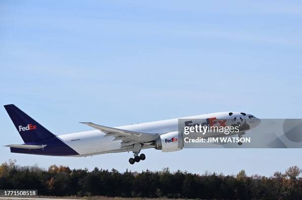 The Panda Express takes off as it transports Giant Pandas from the Smithsonian's National Zoo at Dulles International Airport in Dulles, Virginia, on...