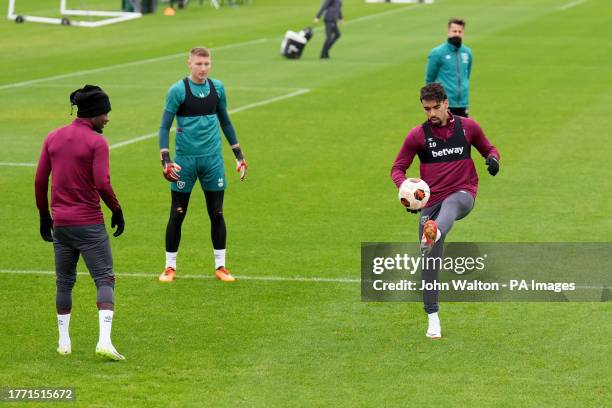 West Ham United's Lucas Paqueta and team-mates during a training session at the Rush Green Training Centre, London. Picture date: Wednesday November...
