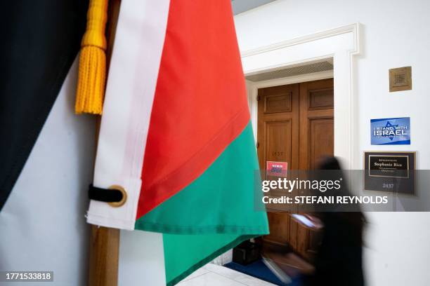 Person walks past a Palestinian flag outside the office of US Representative Rashida Tlaib, Democrat of Michigan, and an "I stand with Israel" sign...