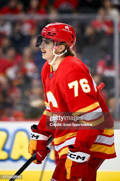 Calgary Flames Left Wing Martin Pospisil looks on during the third period of an NHL game between the Calgary Flames and the Nashville Predators on...