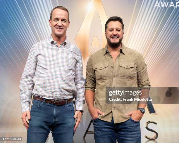 Hosts Luke Bryan and Peyton Manning complete a press conference for The 57th Annual CMA Awards on Tuesday, November 7 in Nashville, TN. The 57th...