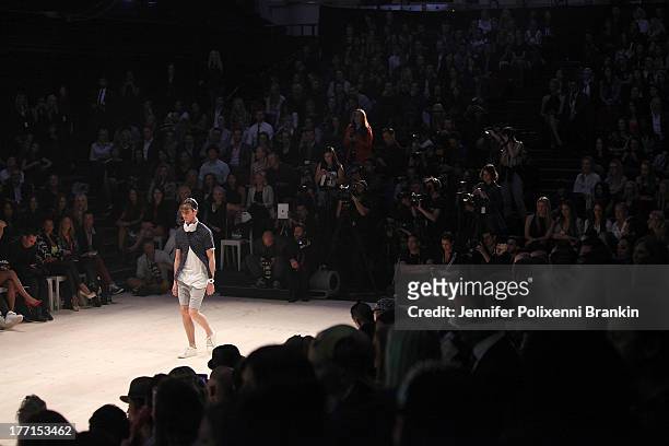 Model showcases designs on the runway at the General Pants show during Mercedes-Benz Fashion Festival Sydney 2013 at Sydney Town Hall on August 21,...