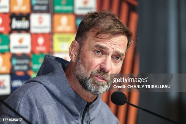 Liverpool's German manager Jurgen Klopp attends a press conference at the Stadium TFC in Toulouse, southwestern France, on November 8, 2023 on the...