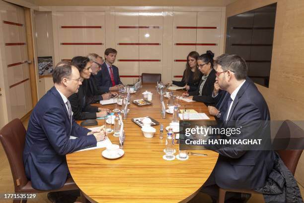 Foreign minister Hadja Lahbib, Idit Rosenzweig-Abu and Eli Cohen pictured during a diplomatic meeting between the Foreign Ministers of Belgium and...