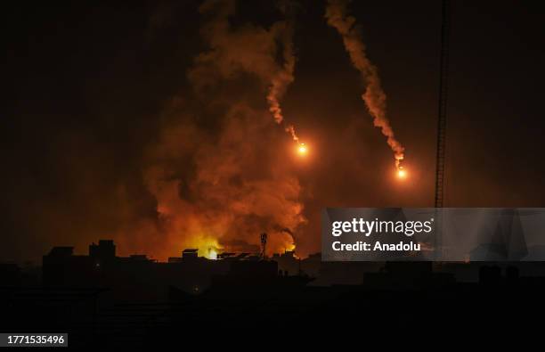 Flash bomb dropped by Israeli army on the area near Al Shati Refugee Camp as Israeli attacks continue on the 33rd day, in Gaza City, Gaza on November...