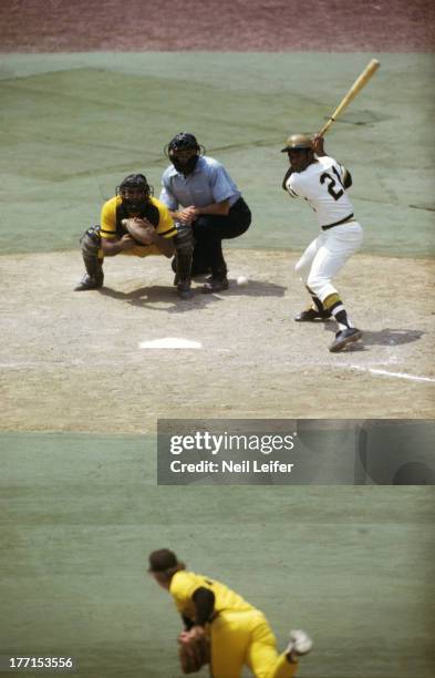 Pittsburgh Pirates Roberto Clemente in action, at bat vs San Diego Padres Steve Arlin at Three Rivers Stadium. Pittsburgh, PA 6/18/1972 CREDIT: Neil...