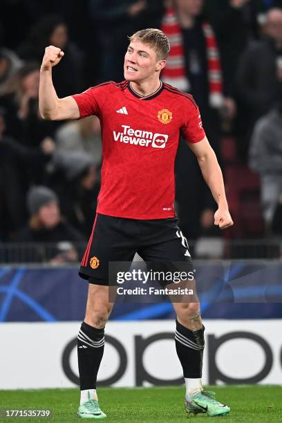 Rasmus Hojlund of Manchester United celebrates scoring a goal to make the score 0-1 during the UEFA Champions League match between F.C. Copenhagen...