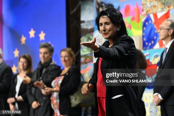 Georgian President Salome Zurabishvili addresses a rally in downtown Tbilisi on November 8, 2023 to voice support for their country's path to EU...