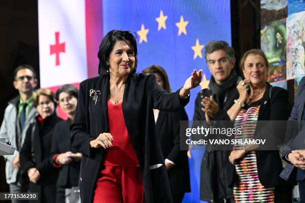 Georgian President Salome Zurabishvili addresses a rally in downtown Tbilisi on November 8, 2023 to voice support for their country's path to EU...