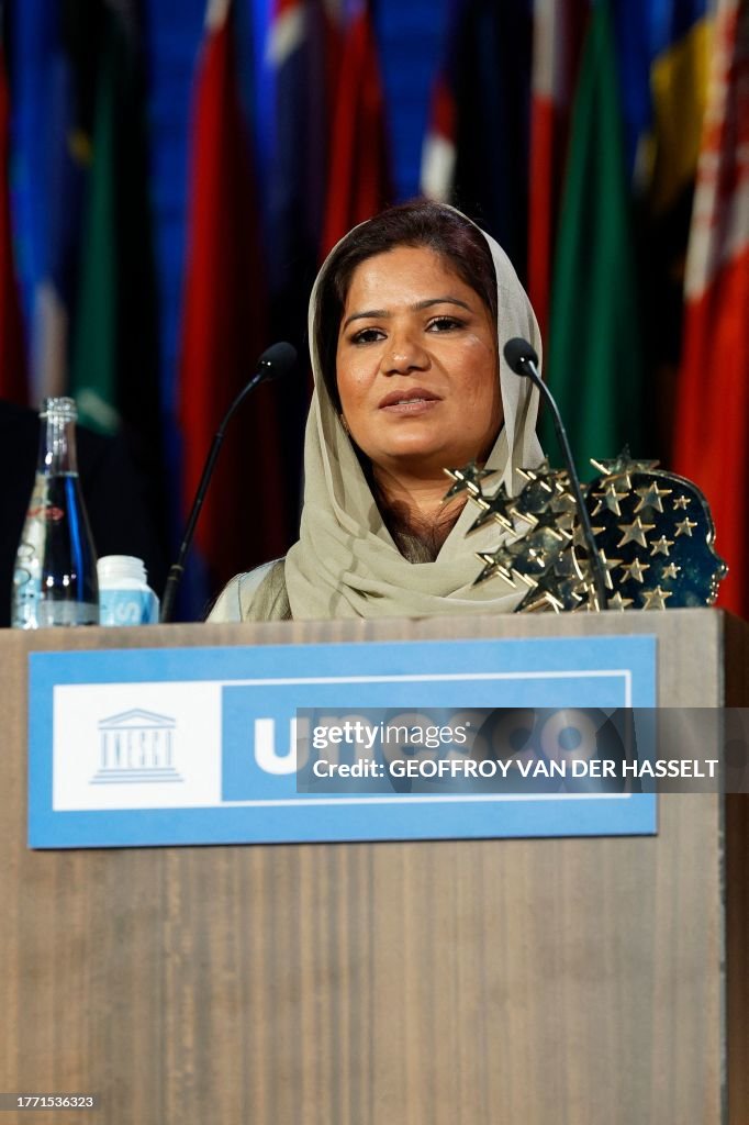 Pakistani teacher Riffat Arif aka Sister Zeph addresses a speech ...