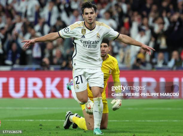Real Madrid's Spanish forward Brahim Diaz celebrates scoring the opening goal during the UEFA Champions League group C football match between Real...
