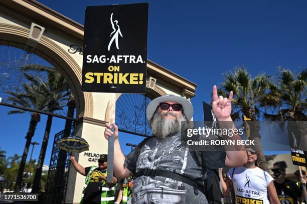 Actor Jack Black joins SAG-AFTRA members and supporters as they picket outside Paramount Studios during their strike against the Hollywood studios,...